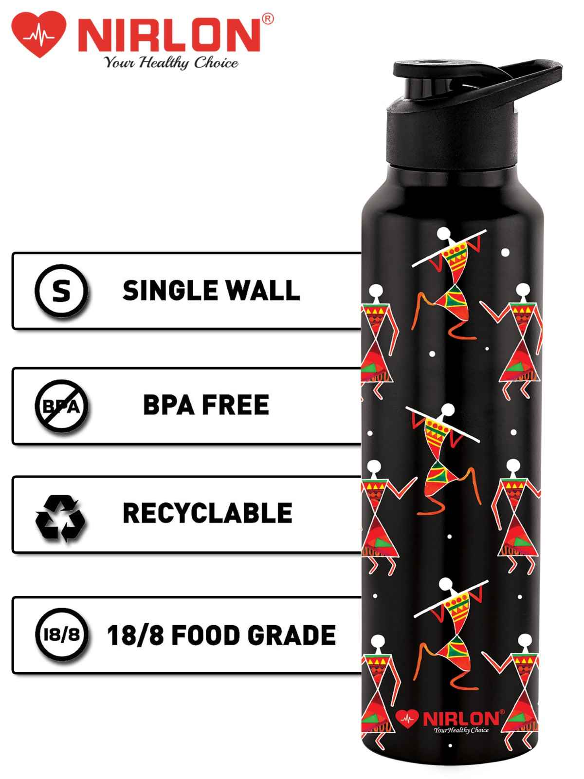 NIRLON Classic Flip UV Printed Single Wall Stainless Steel Sipper Cap Water Bottle 1000ml |Fridge Water Bottle| Office Bottle|Gym Bottle|School Bottle|Treking Bottle|Travel Bottle (Warli Art Black) - Image 4