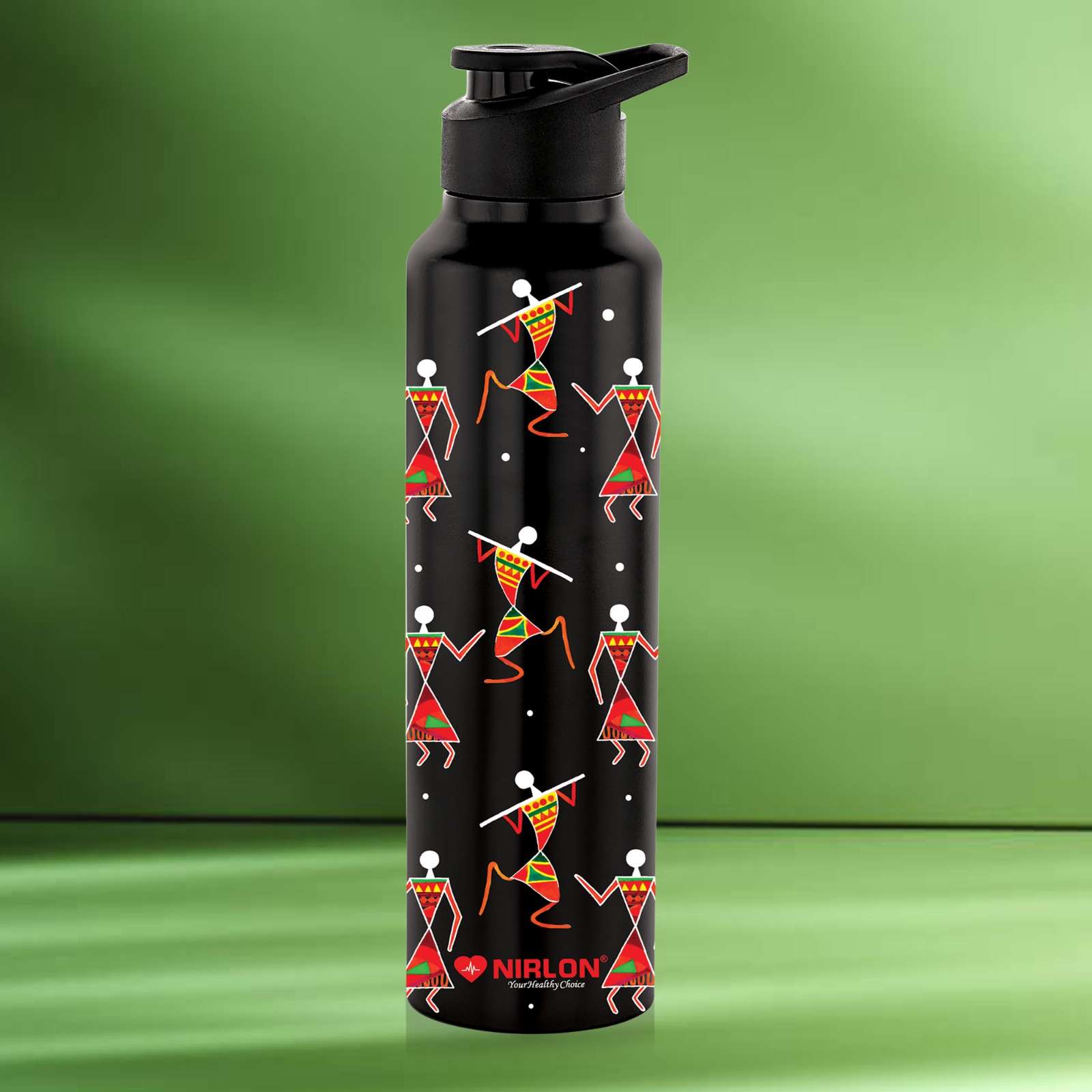 NIRLON Classic Flip UV Printed Single Wall Stainless Steel Sipper Cap Water Bottle 1000ml |Fridge Water Bottle| Office Bottle|Gym Bottle|School Bottle|Treking Bottle|Travel Bottle (Warli Art Black)
