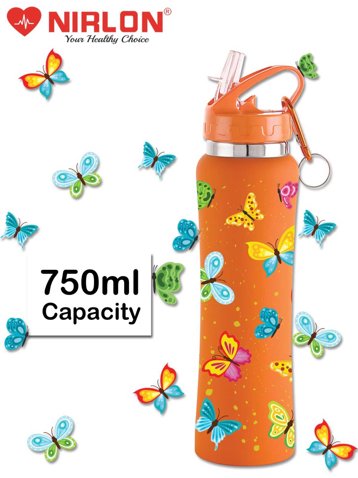 NIRLON Flip Bot Stainless Steel Rubber Finish Water Bottle with Straw Lid For Fridge, School,Gym,Home,office,Boys, Girls, Kids, Leak Proof(UV Printed Bottle|Butterflies|SIPPER CAP) - Image 5