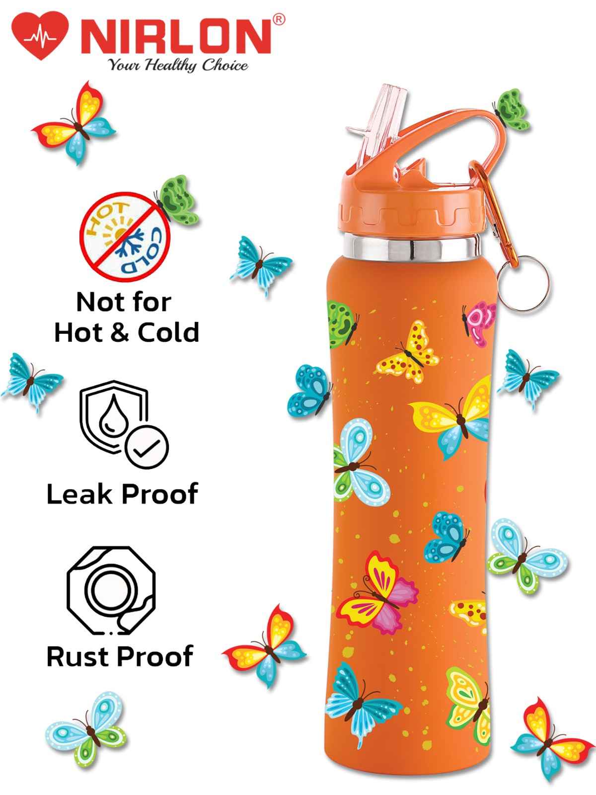 NIRLON Flip Bot Stainless Steel Rubber Finish Water Bottle with Straw Lid For Fridge, School,Gym,Home,office,Boys, Girls, Kids, Leak Proof(UV Printed Bottle|Butterflies|SIPPER CAP) - Image 4