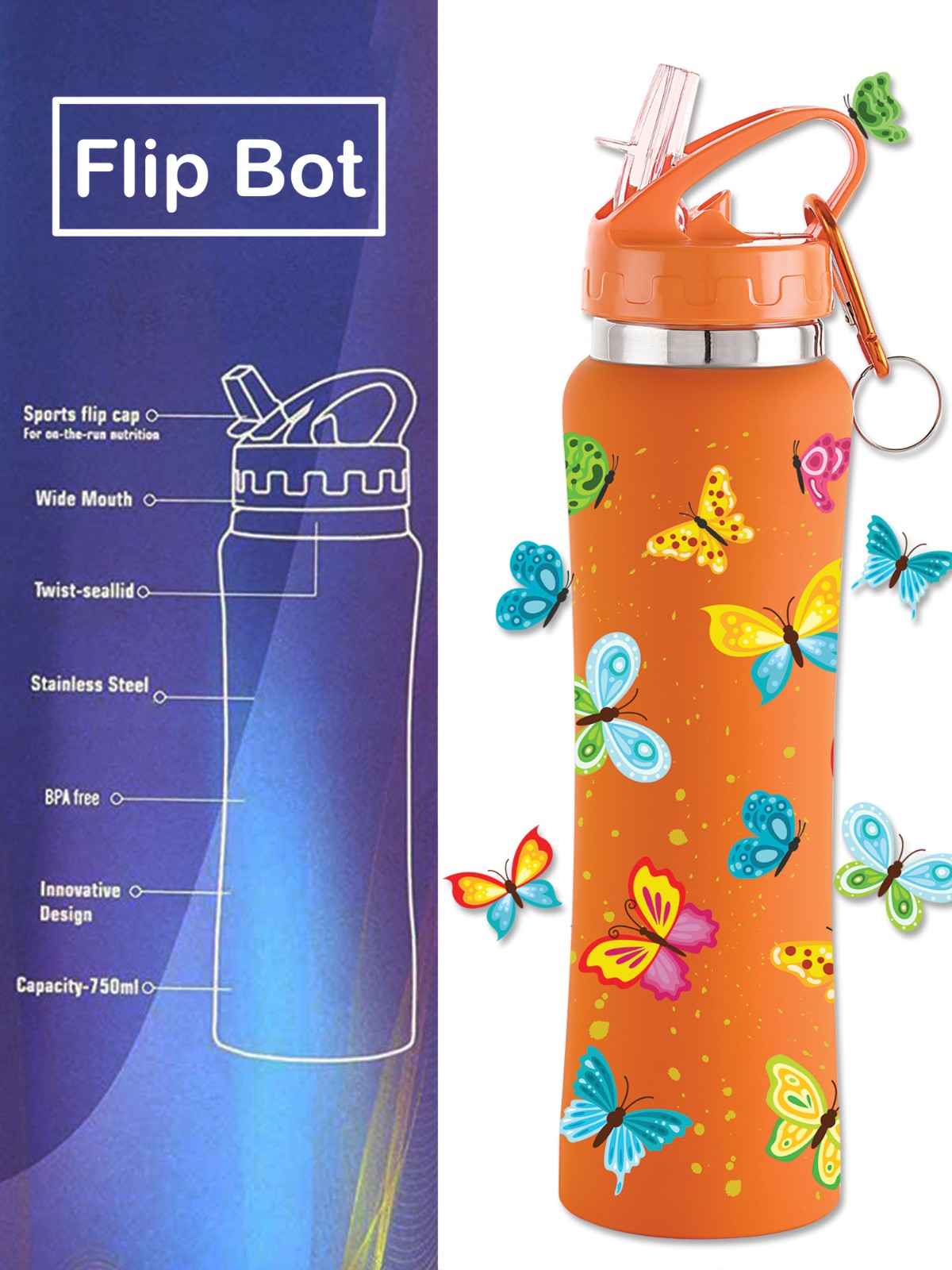 NIRLON Flip Bot Stainless Steel Rubber Finish Water Bottle with Straw Lid For Fridge, School,Gym,Home,office,Boys, Girls, Kids, Leak Proof(UV Printed Bottle|Butterflies|SIPPER CAP) - Image 3