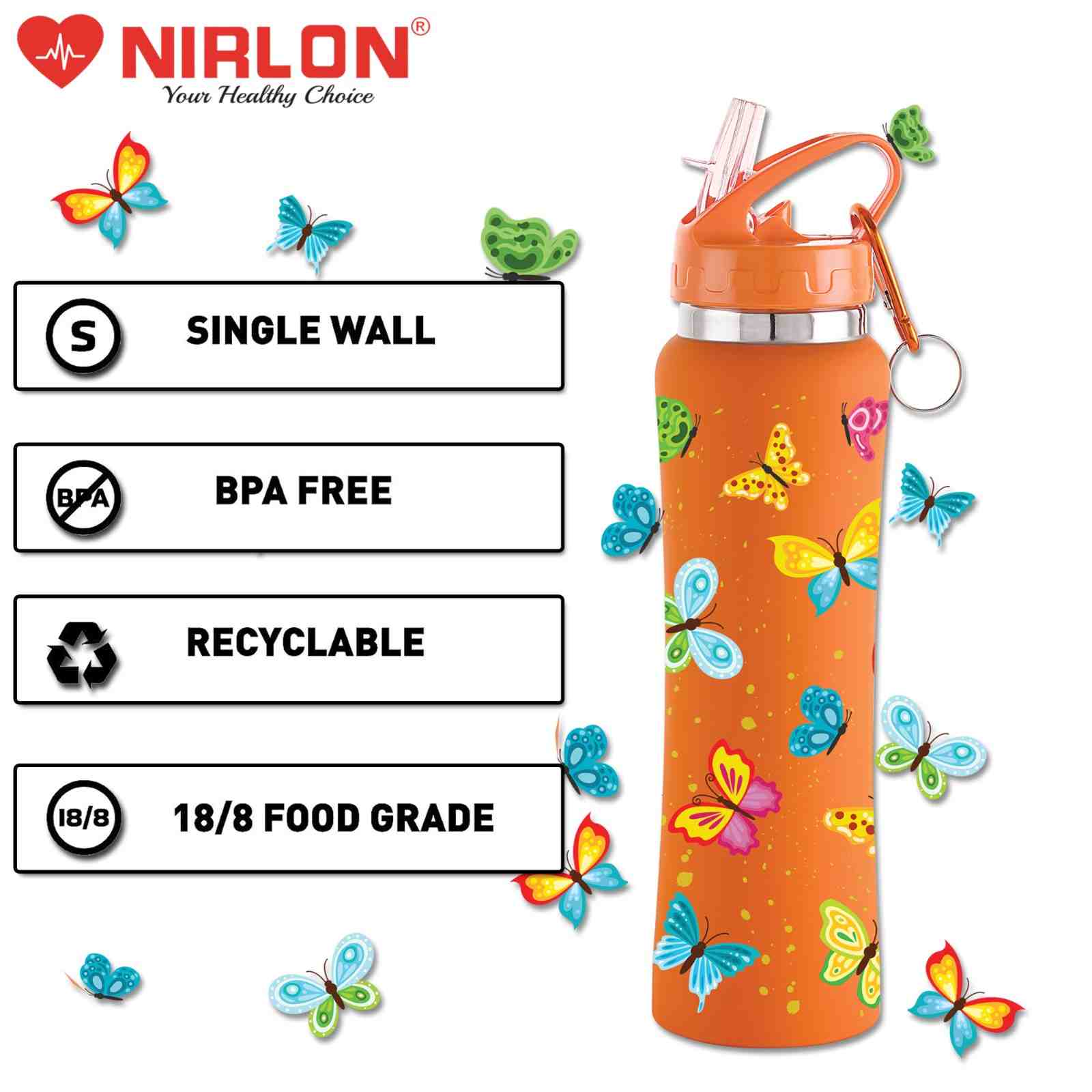 NIRLON Flip Bot Stainless Steel Rubber Finish Water Bottle with Straw Lid For Fridge, School,Gym,Home,office,Boys, Girls, Kids, Leak Proof(UV Printed Bottle|Butterflies|SIPPER CAP) - Image 2