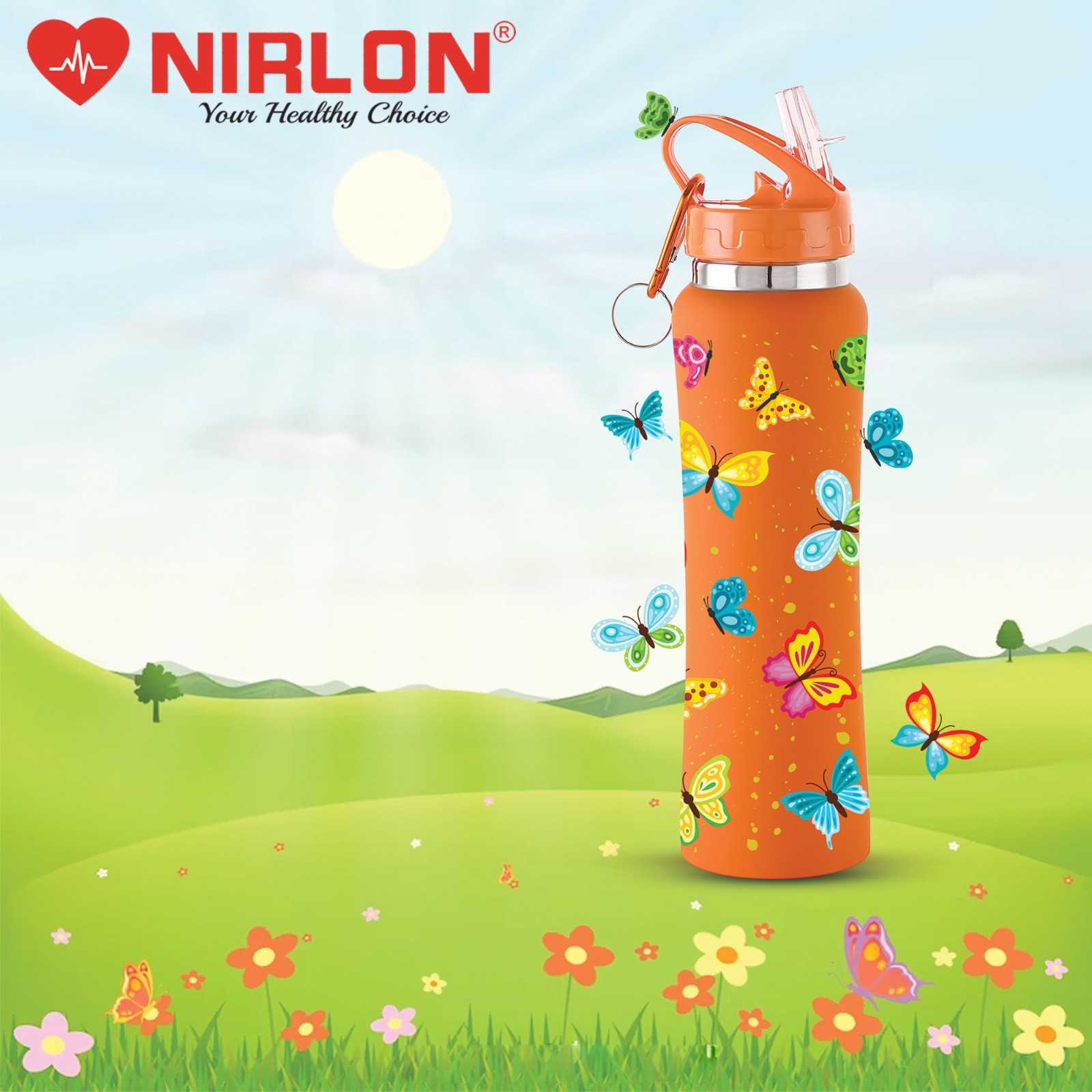 NIRLON Flip Bot Stainless Steel Rubber Finish Water Bottle with Straw Lid For Fridge, School,Gym,Home,office,Boys, Girls, Kids, Leak Proof(UV Printed Bottle|Butterflies|SIPPER CAP)