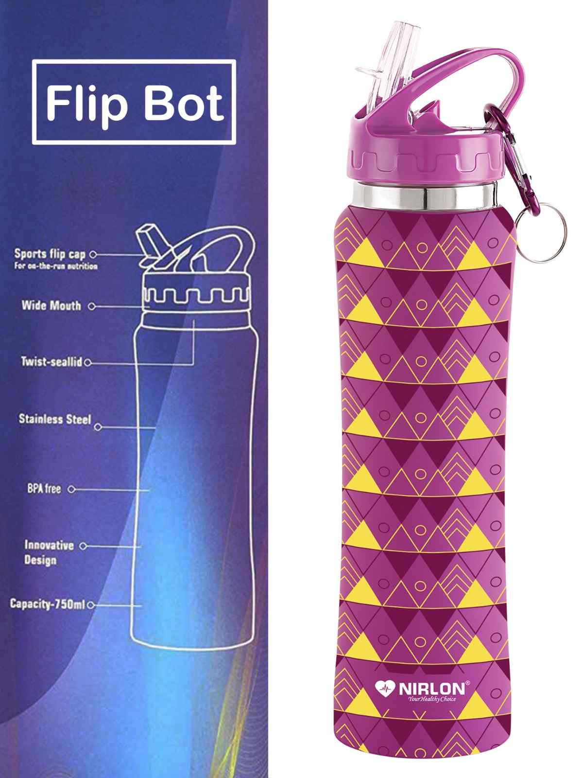 NIRLON Flip Bot Stainless Steel Rubber Finish Water Bottle with Straw Lid For Fridge, School,Gym,Home,office,Boys, Girls, Kids, Leak Proof(UV Printed Bottle|Pyramid|SIPPER CAP) - Image 5