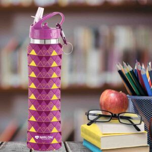 NIRLON Flip Bot Stainless Steel Rubber Finish Water Bottle with Straw Lid For Fridge, School,Gym,Home,office,Boys, Girls, Kids, Leak Proof(UV Printed Bottle|Pyramid|SIPPER CAP)