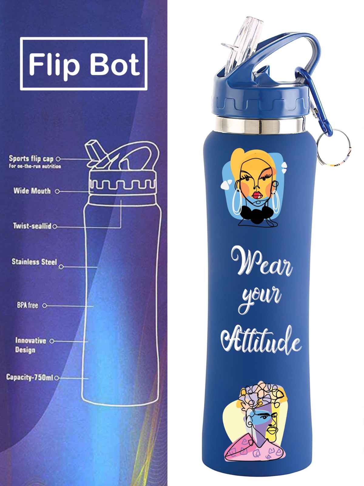NIRLON Flip Bot Stainless Steel Rubber Finish Water Bottle with Straw Lid For Fridge, School,Gym,Home,office,Boys, Girls, Kids, Leak Proof(UV Printed Bottle|Wear Your Attitude|SIPPER CAP)