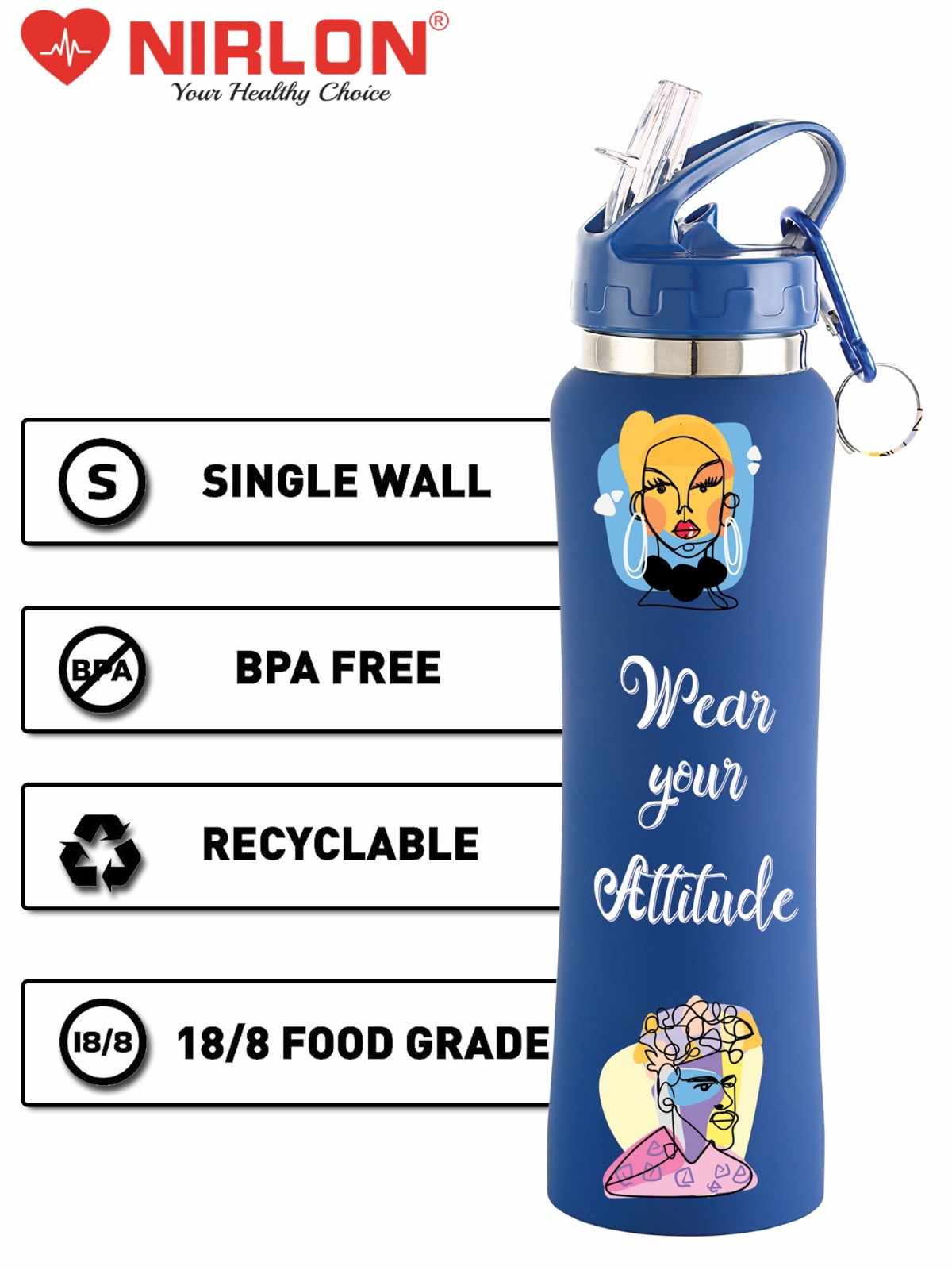 NIRLON Flip Bot Stainless Steel Rubber Finish Water Bottle with Straw Lid For Fridge, School,Gym,Home,office,Boys, Girls, Kids, Leak Proof(UV Printed Bottle|Wear Your Attitude|SIPPER CAP) - Image 4