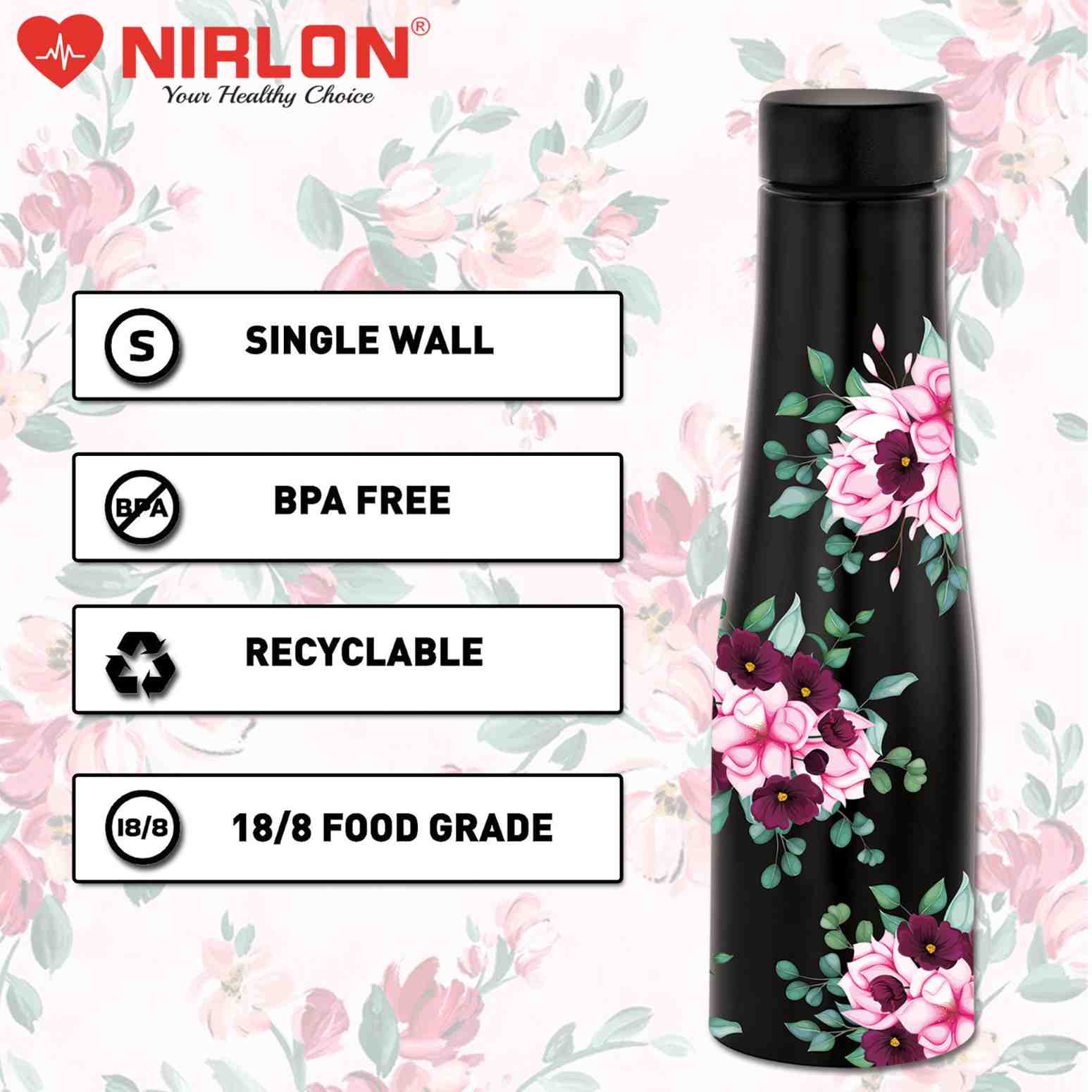 NIRLON Tall Bell Single Wall Stainless Steel Water Bottle 1000ml, Water Bottles For Fridge, School,Gym,Home,office,Boys, Girls, Kids, Leak Proof (UV Printed Bottle|Bloom) - Image 4