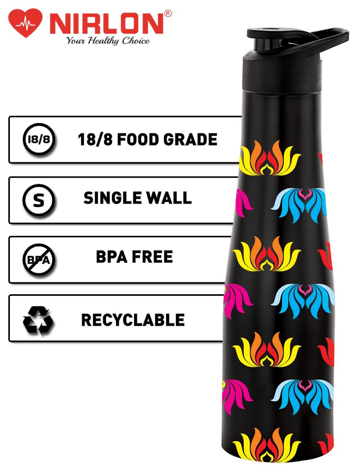 NIRLON Tall Bell Single Wall Stainless Steel Water Bottle 1000ml, Water Bottles For Fridge, School,Gym,Home,office,Boys, Girls, Kids, Leak Proof (UV Printed Bottle|Lotus) - Image 4