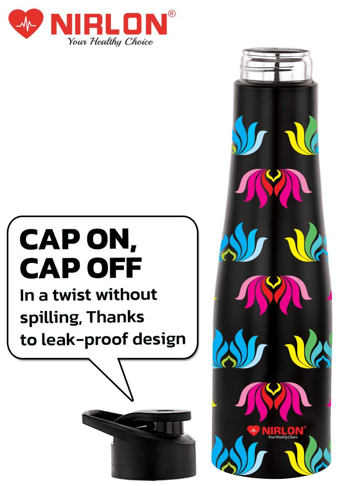 NIRLON Tall Bell Single Wall Stainless Steel Water Bottle 1000ml, Water Bottles For Fridge, School,Gym,Home,office,Boys, Girls, Kids, Leak Proof (UV Printed Bottle|Lotus) - Image 3