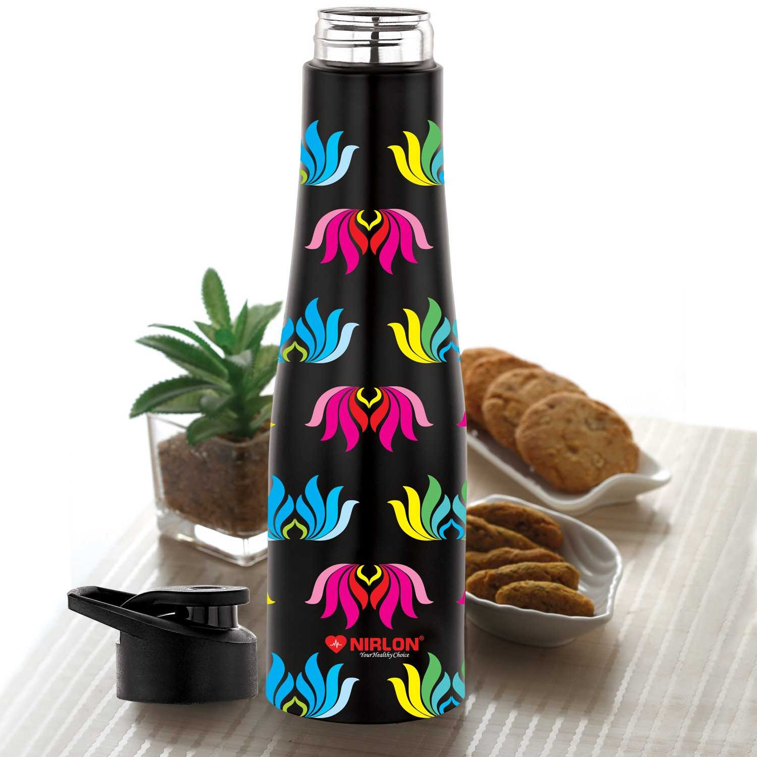 NIRLON Tall Bell Single Wall Stainless Steel Water Bottle 1000ml, Water Bottles For Fridge, School,Gym,Home,office,Boys, Girls, Kids, Leak Proof (UV Printed Bottle|Lotus)