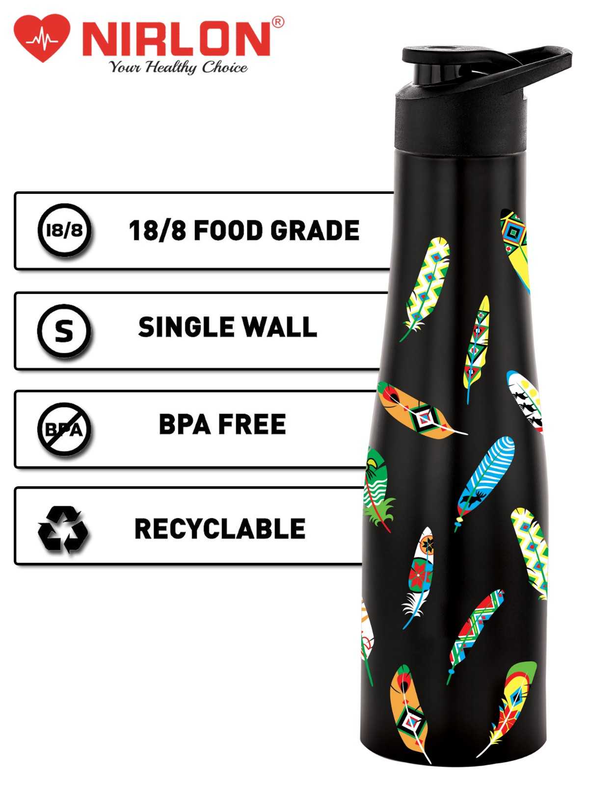 NIRLON Tall Bell Single Wall Stainless Steel Water Bottle 1000ml, Water Bottles For Fridge, School,Gym,Home,office,Boys, Girls, Kids, Leak Proof (UV Printed Bottle|Quill) - Image 4