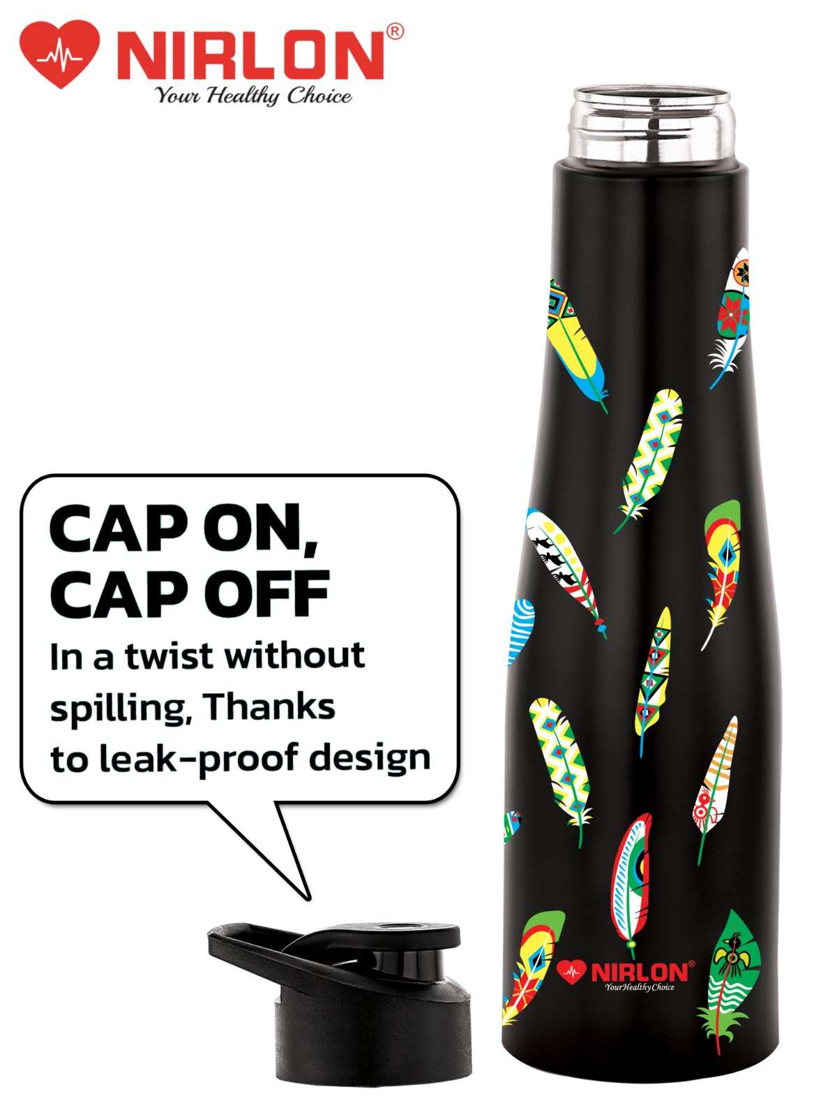 NIRLON Tall Bell Single Wall Stainless Steel Water Bottle 1000ml, Water Bottles For Fridge, School,Gym,Home,office,Boys, Girls, Kids, Leak Proof (UV Printed Bottle|Quill) - Image 3