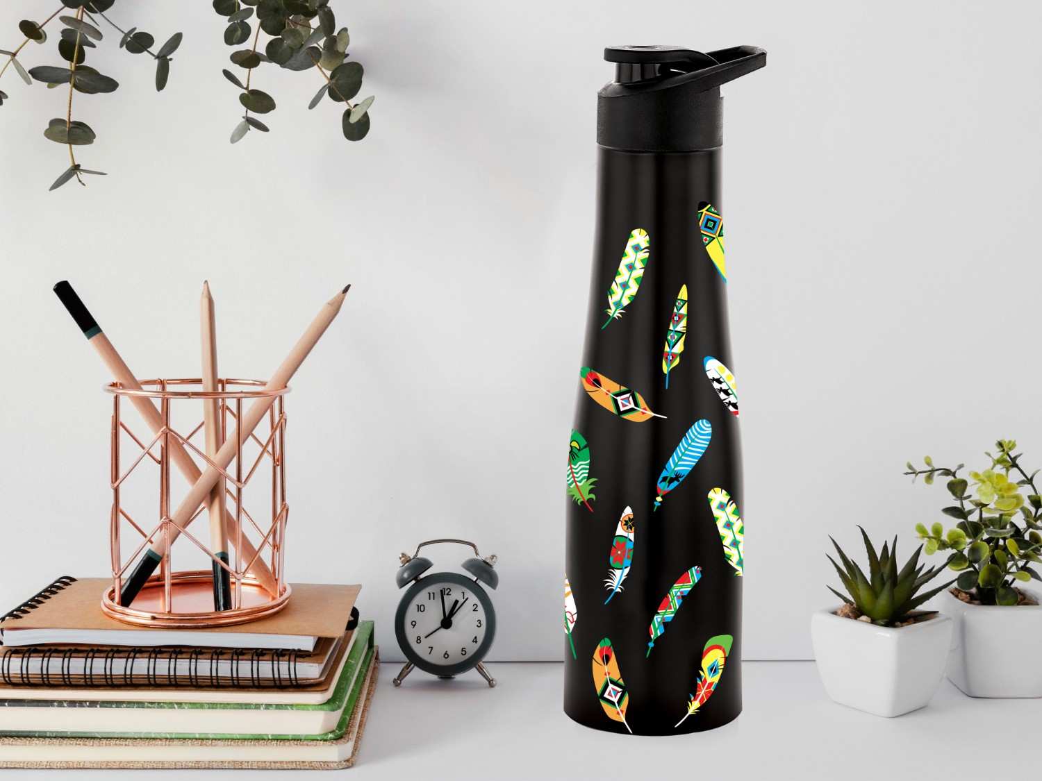 NIRLON Tall Bell Single Wall Stainless Steel Water Bottle 1000ml, Water Bottles For Fridge, School,Gym,Home,office,Boys, Girls, Kids, Leak Proof (UV Printed Bottle|Quill)