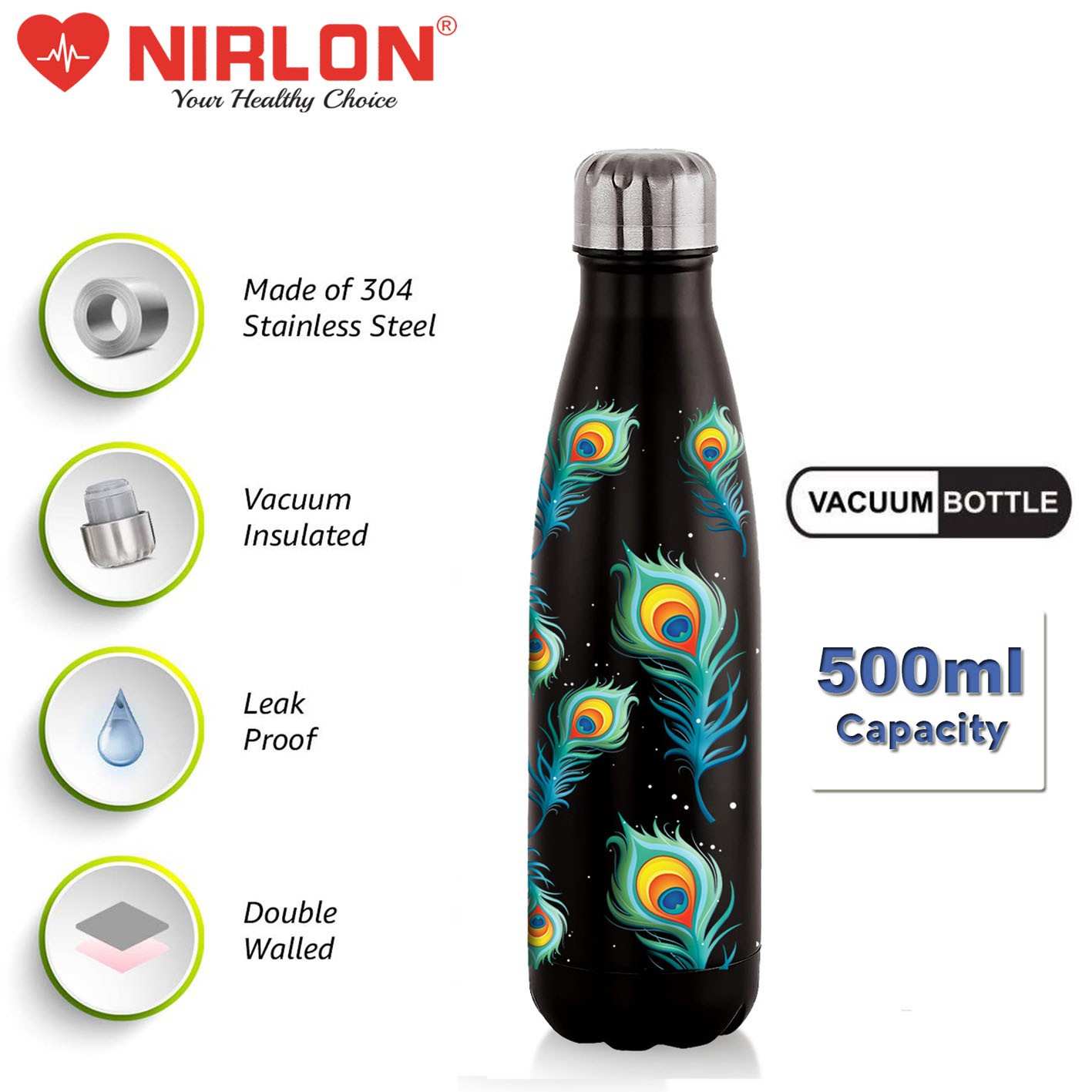 NIRLON Cola Black Mor Pankh Stainless Steel Double Wall Vaccum Insulated Bottle/Leak Proof/Insulated Hot & Cold Water Bottle/Office, Gym, Travel Bottle, 500ml - Image 2